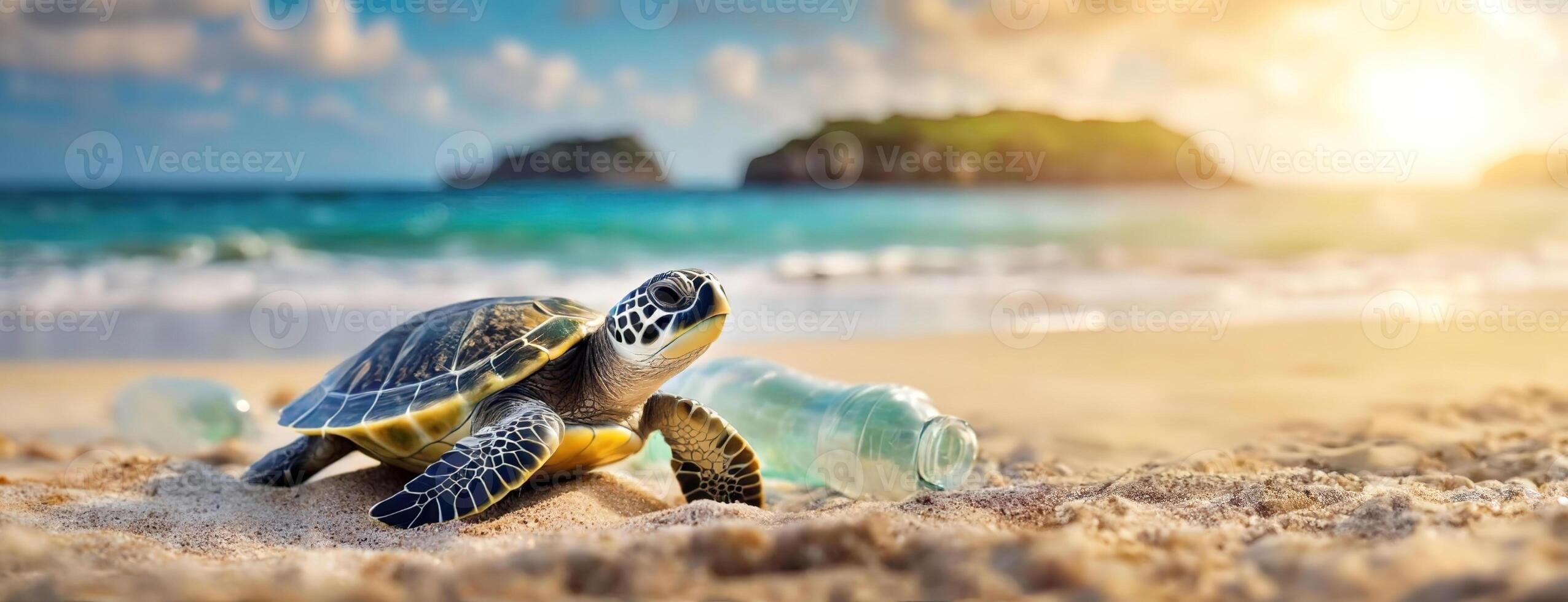 AI Generated Sea turtle encounters a plastic bottle on a sandy beach at sunrise. The ocean's marine life faces human pollution. World environmental education day. Panorama with copy space. photo