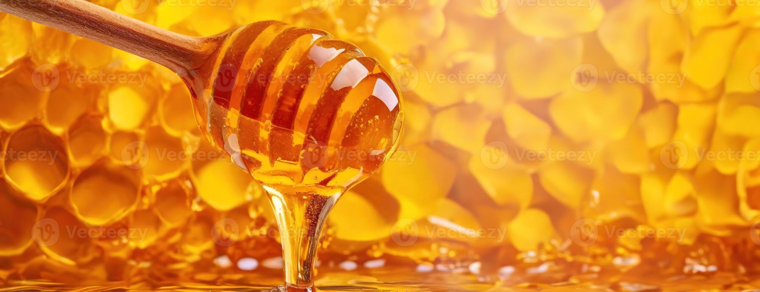 AI Generated A close-up of a honey dipper lifting honey from a comb, showcasing the golden viscosity. Panorama with copy space for your text. Banner. photo