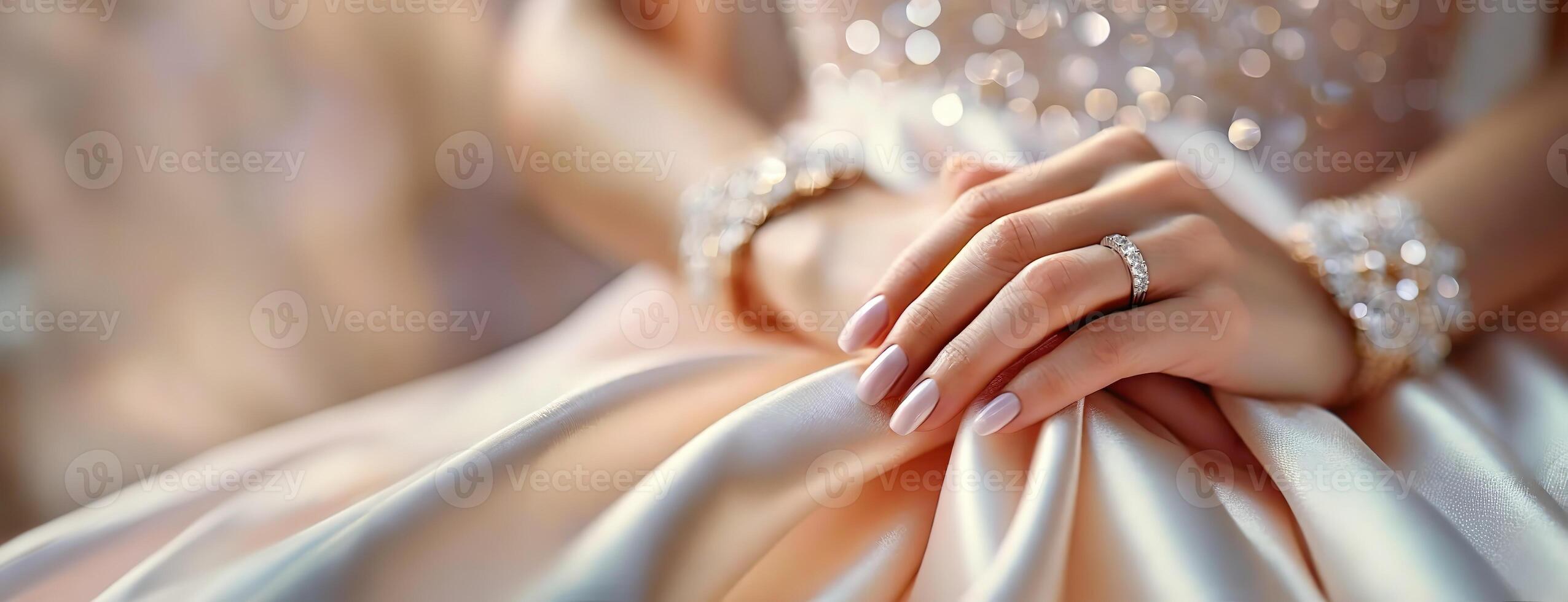 AI Generated Bridal Hands Clasped in Anticipation. Gently folded arms adorned with a wedding ring, the bride's gown flowing in soft focus. Panorama with copy space. photo