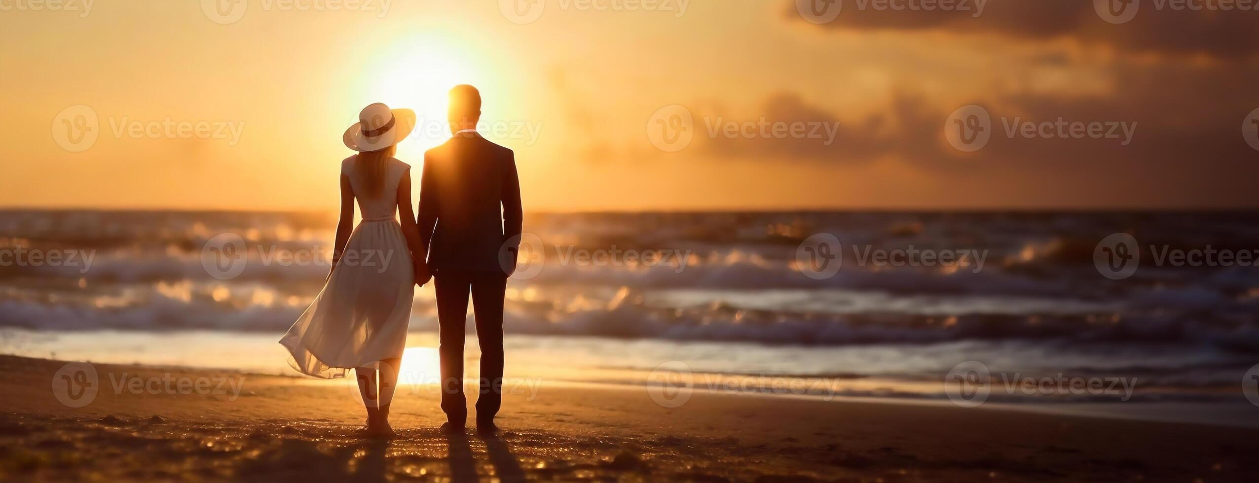 AI Generated On Valentine's Day a couple silhouette against the Maldives sunset paints a scene of love, with the calm waves and sandy shore adding to the idyllic romantic setting. photo