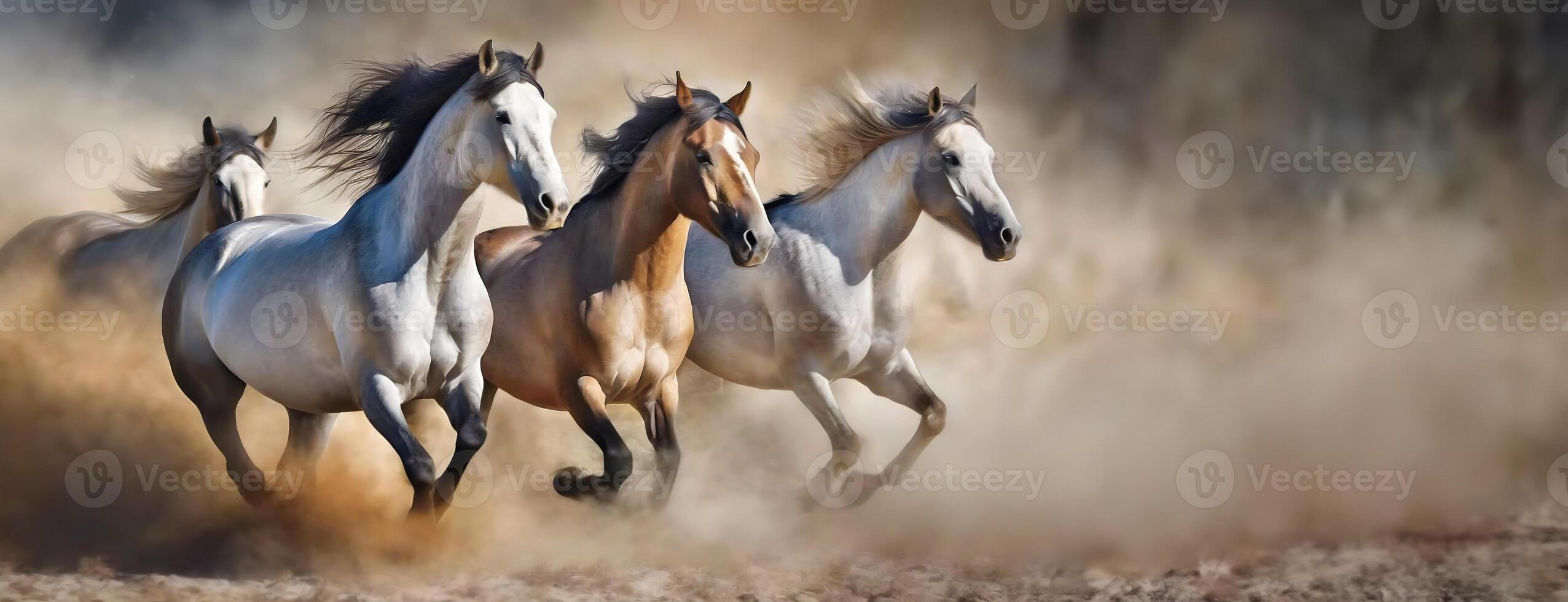 AI Generated Herd of Horses Galloping Through Dusty Trail. A dynamic scene with several horses in mid-gallop, dust rising beneath them, speed, power and freedom concept. Panorama with copy space. photo