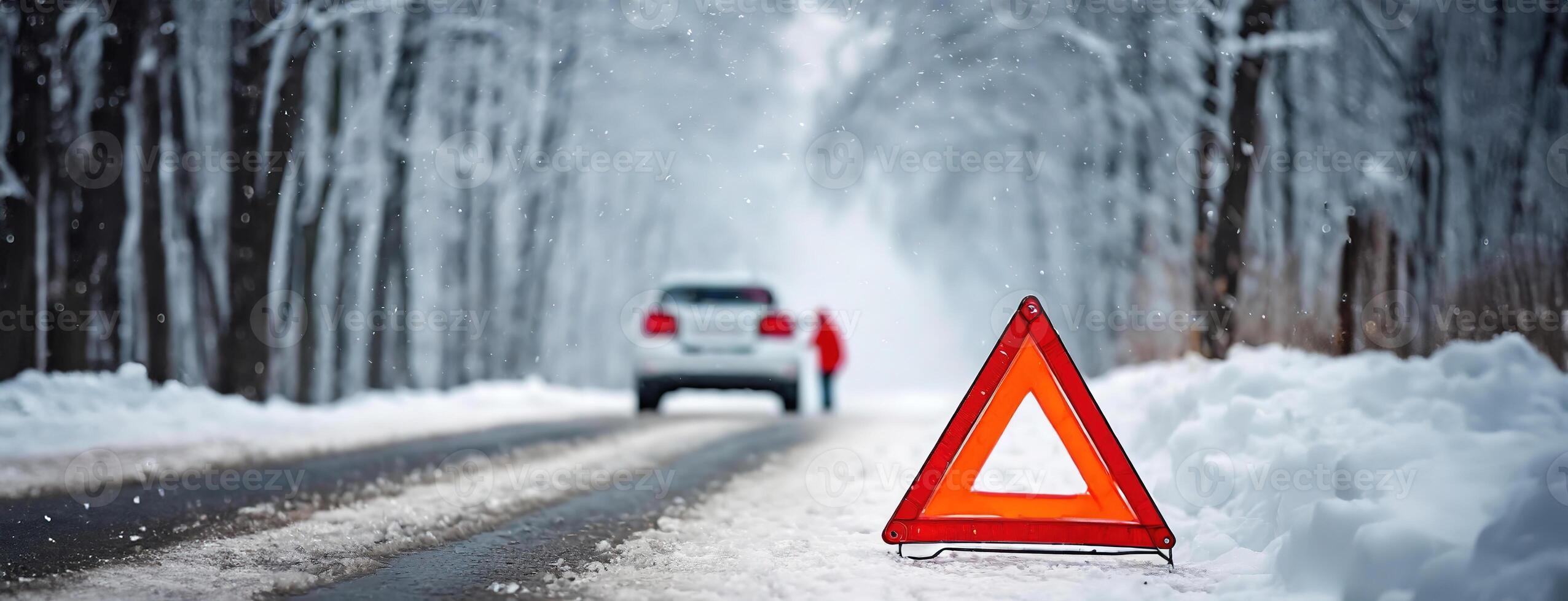 AI Generated A car stopped on a snowy road with a red warning triangle in the foreground. Panorama with copy space. Banner. photo