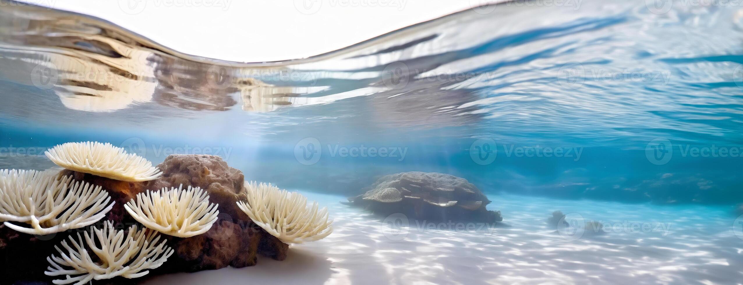 AI Generated Coral Bleaching Crisis. Stark white corals under a serene sea surface. The underwater scene highlights the impact of rising temperatures on once vibrant reef ecosystems. photo