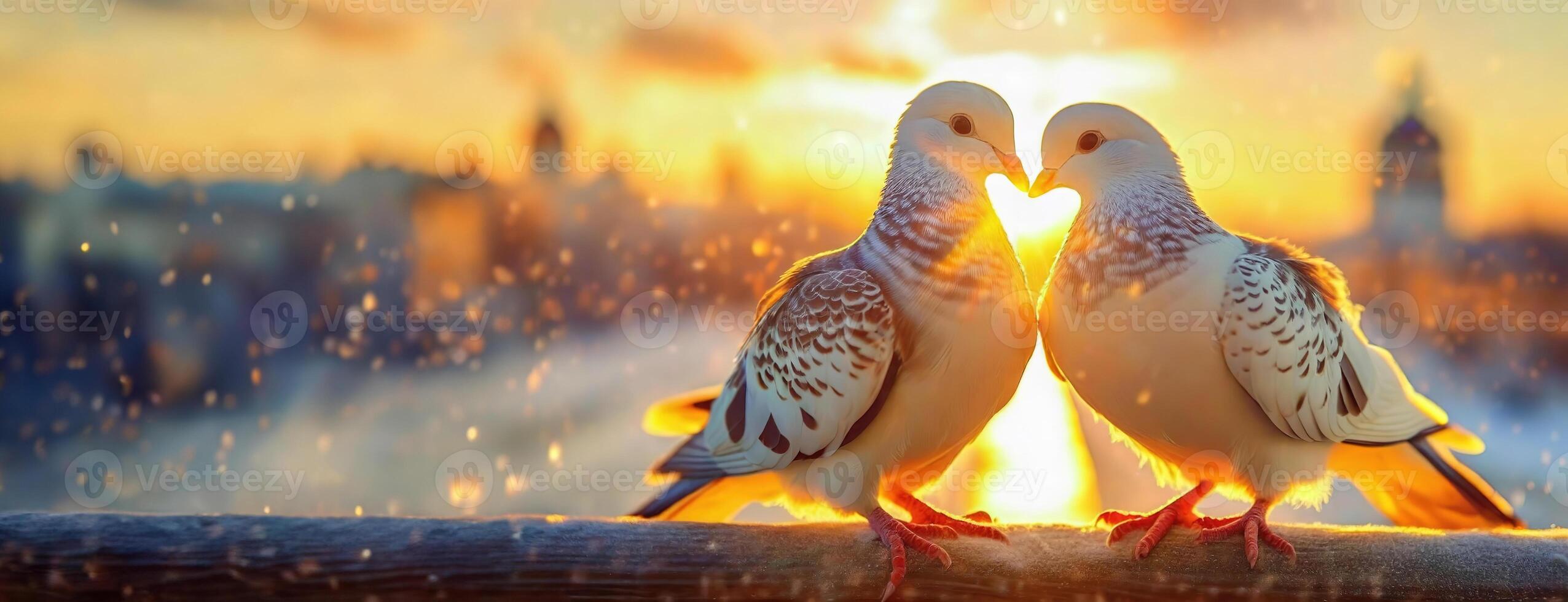 AI Generated Sunset Serenade. Lovebirds Whisper and kiss in the Golden Hour. Two doves create a heart shape with their beaks against the backdrop of a warm sunset, symbol of love and companionship. photo