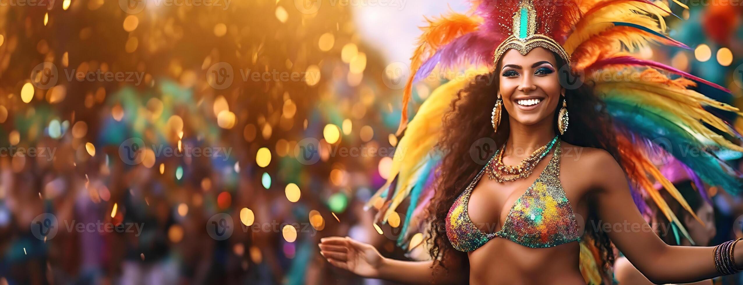 AI Generated Vibrant Carnival Dancer Celebrating. The joyful spirit is alive with a woman adorned in brilliant plumage, embodying the festivity's vibrancy. photo