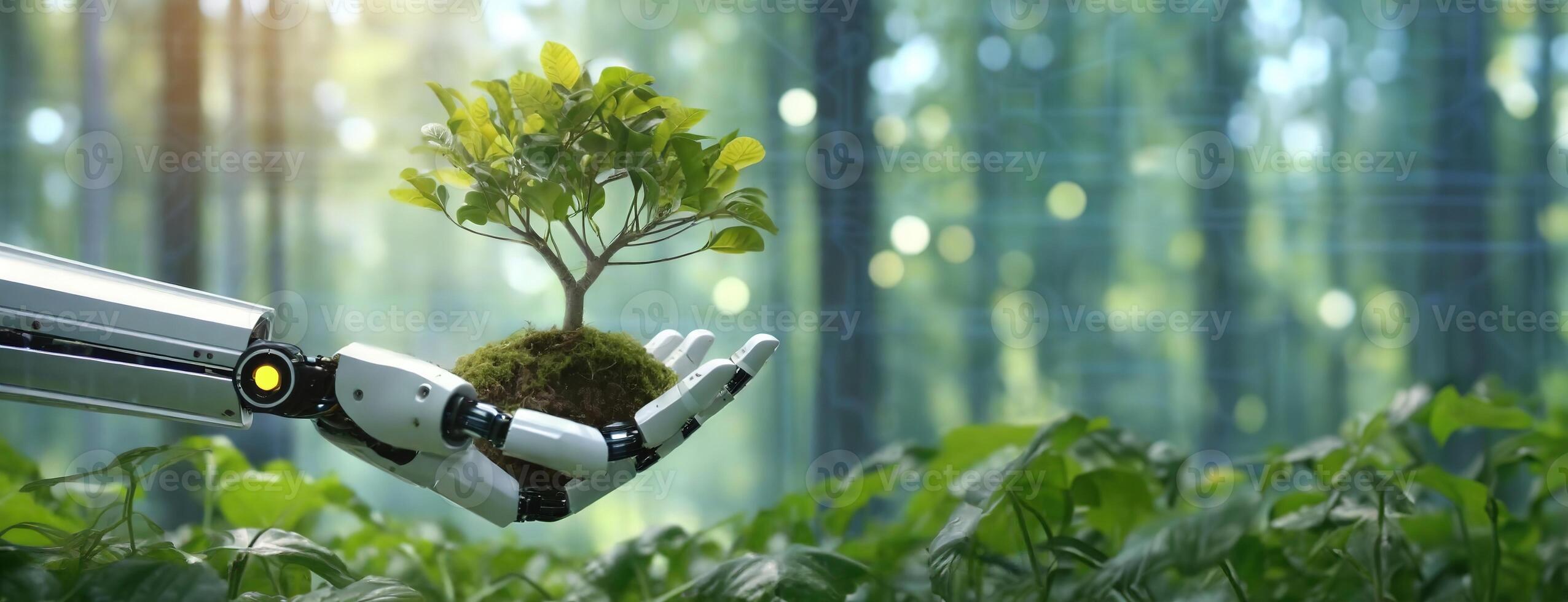 AI Generated Robotic arm holding a small tree in a forest. An AI robot hand cradles a sapling, highlighting the role of technology in environmental conservation and planet protection. Panorama with photo