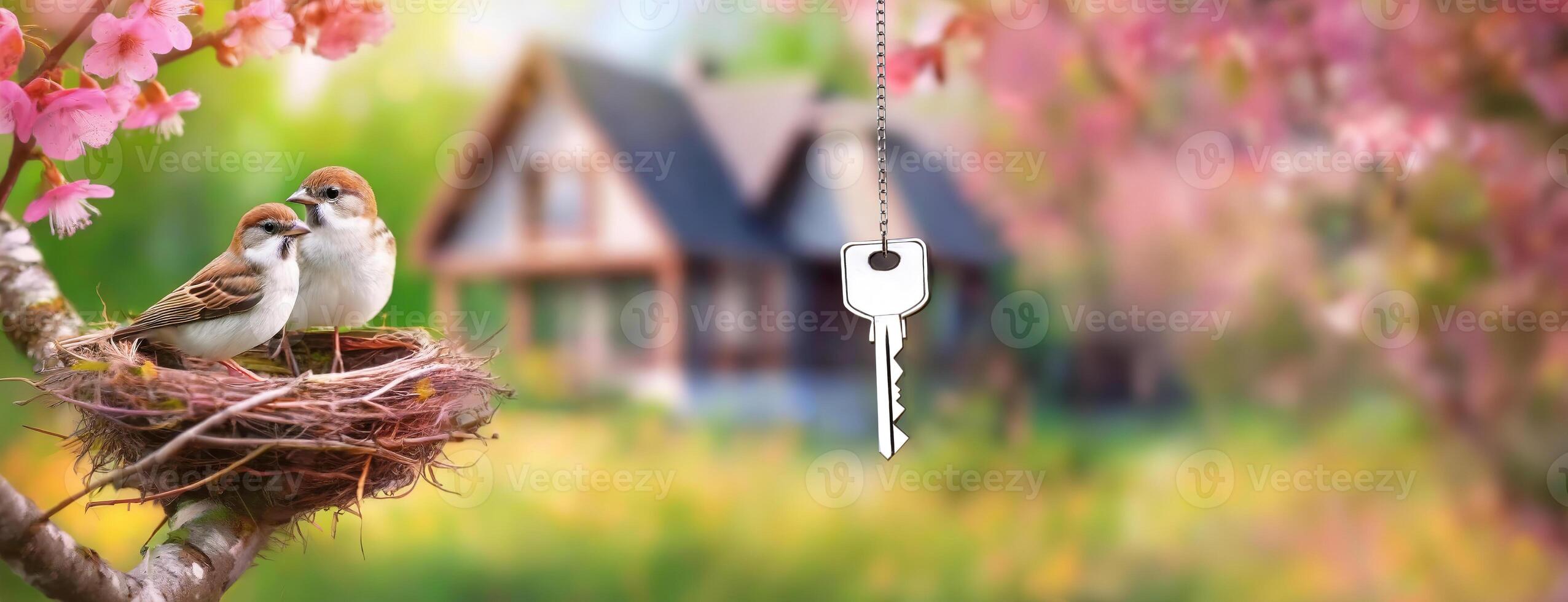AI Generated Two birds snuggle in their nest among delicate cherry blossoms, a modern key hanging nearby, house blurred in the warm background. Panorama with copy space. photo