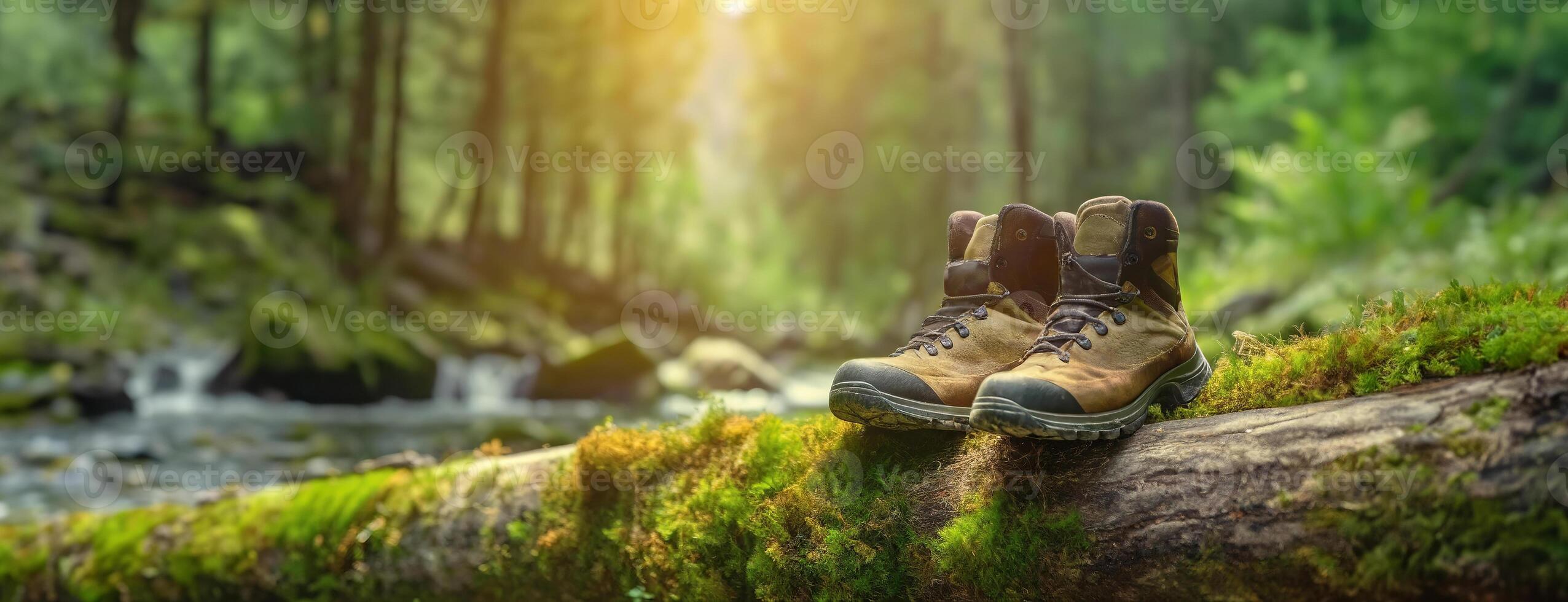 ai generado excursionismo botas descanso en un cubierto de musgo Iniciar sesión en un vibrante bosque ajuste. verano corriente en el antecedentes. panorama con Copiar espacio. foto