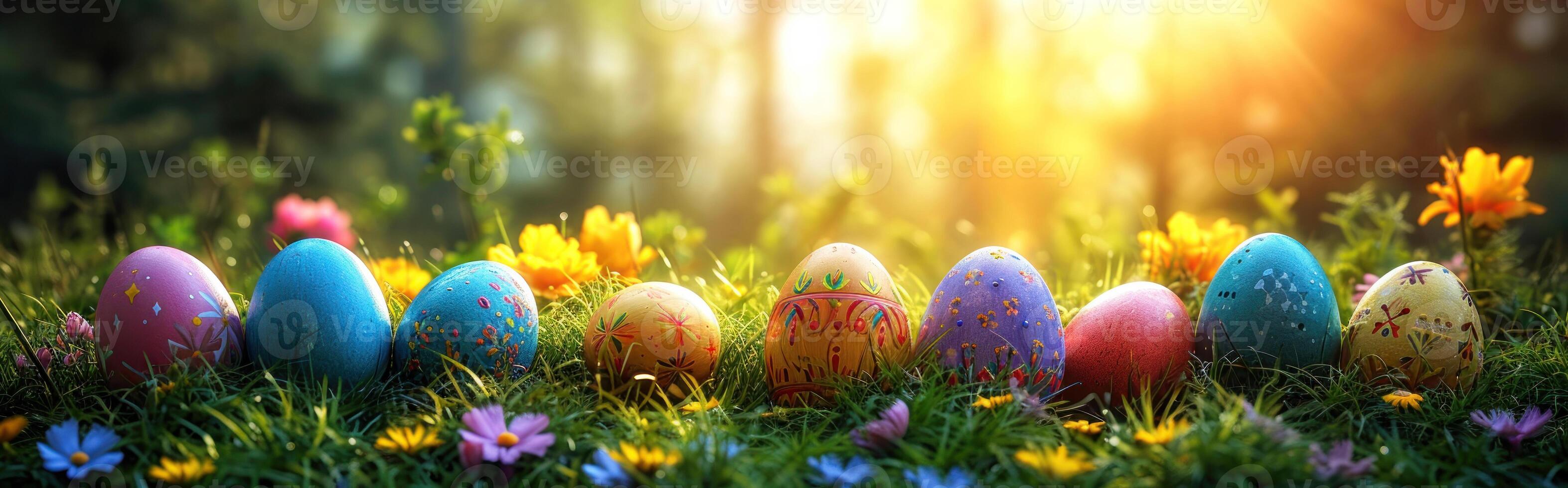 AI generated Colourful easter eggs in the green grass illuminated by sunlight at sunset. Easter decoration. Happy Easter banner. Generative AI photo