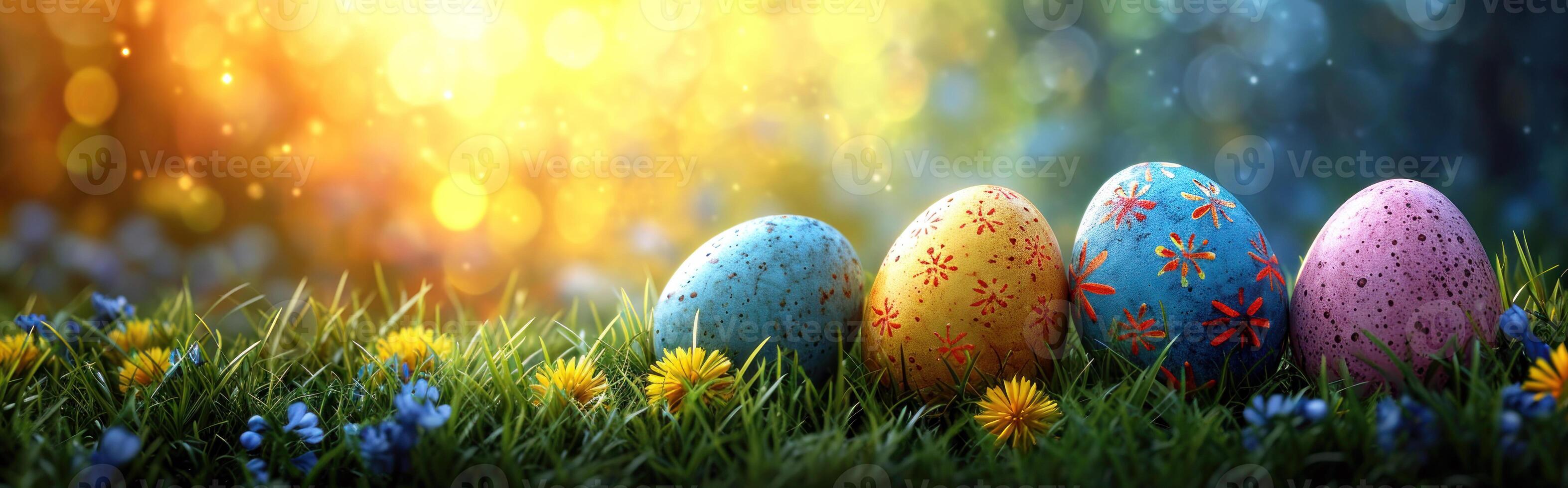AI generated Easter eggs in the green grass illuminated by sunlight. Colourful Easter decoration. Happy Easter background. Generative AI photo
