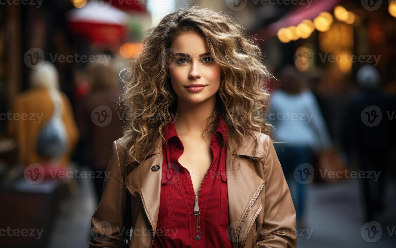 AI generated Portrait of young smiling woman walking in a busy market. Generative AI photo