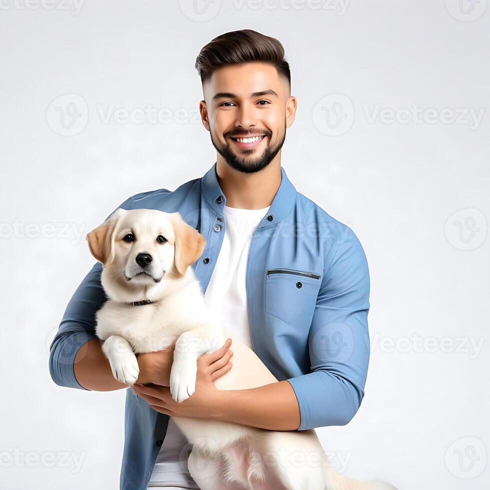 AI generated a handsome young boy with cute dog isolated on white background photo