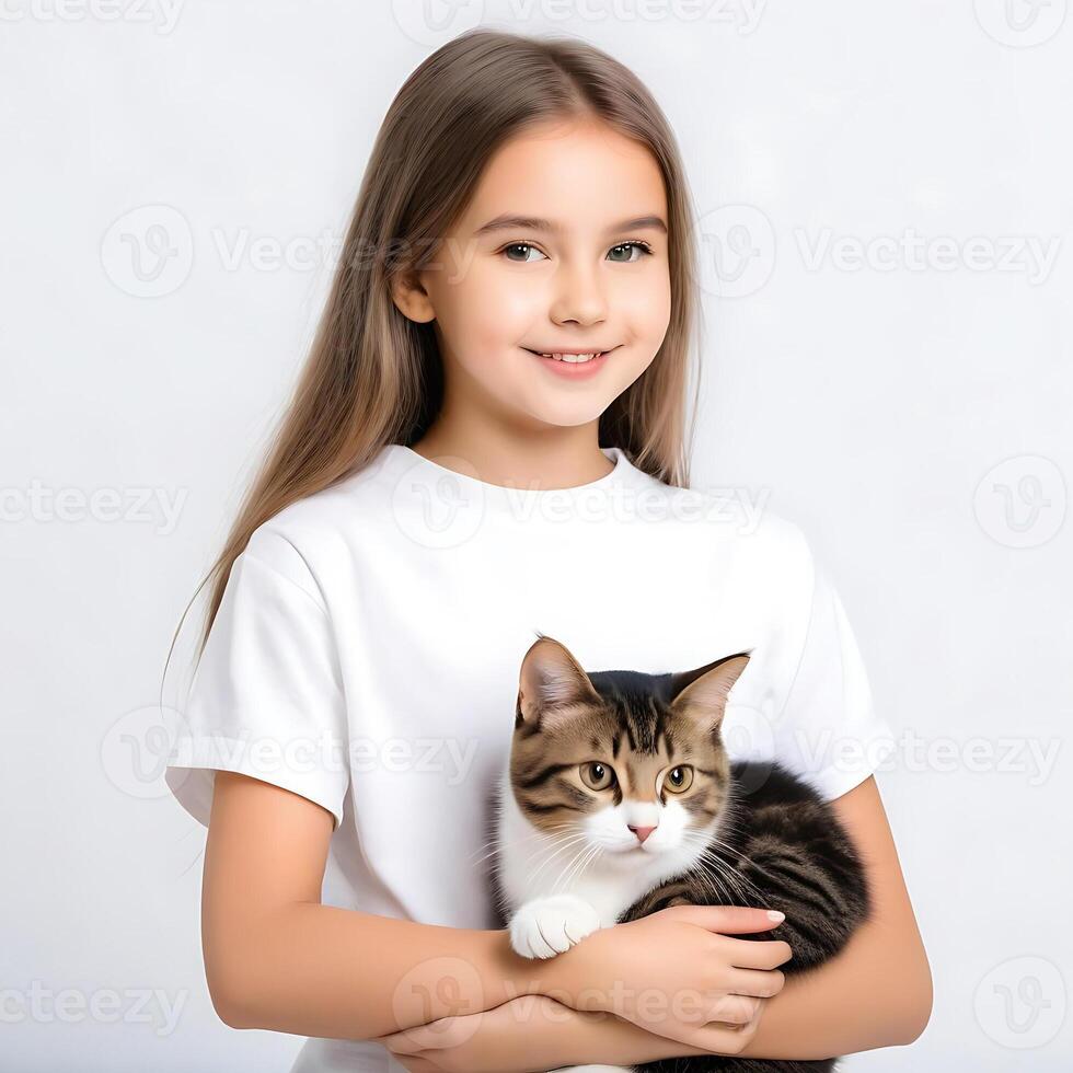 ai generado un hermoso joven niña con linda gato aislado en blanco antecedentes foto