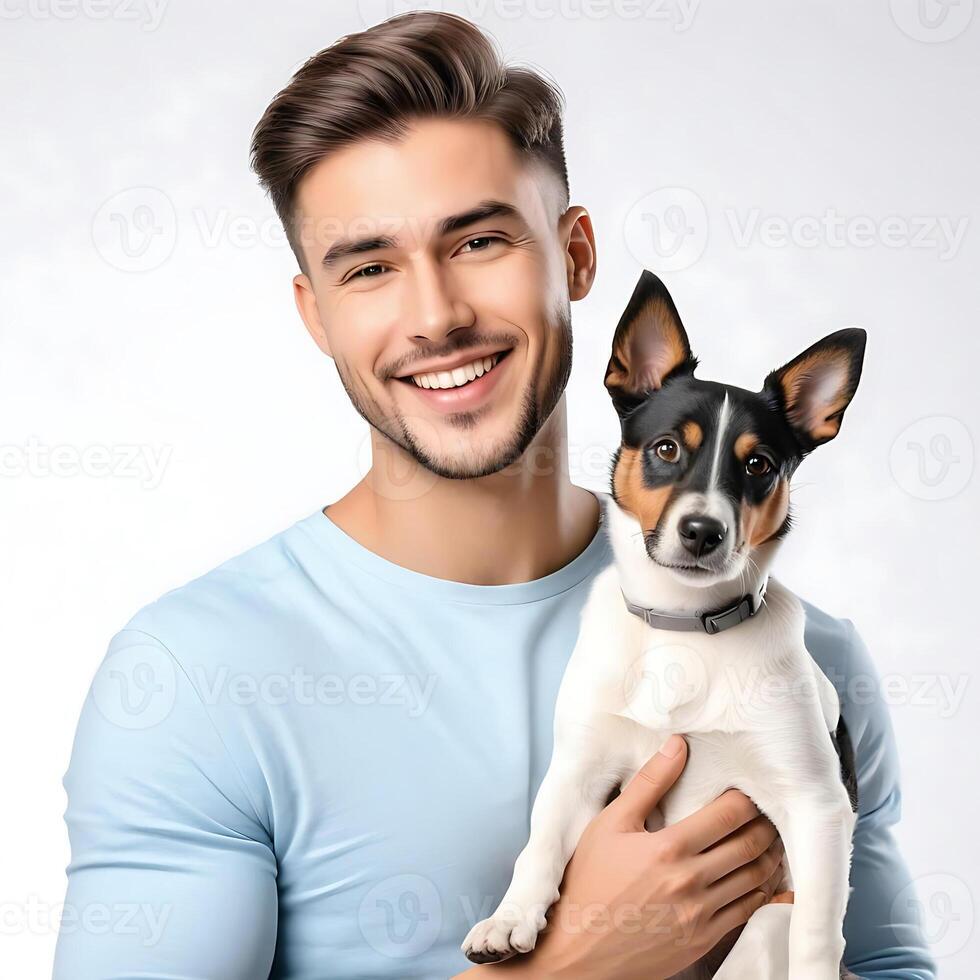 AI generated a handsome young boy with cute dog isolated on white background photo