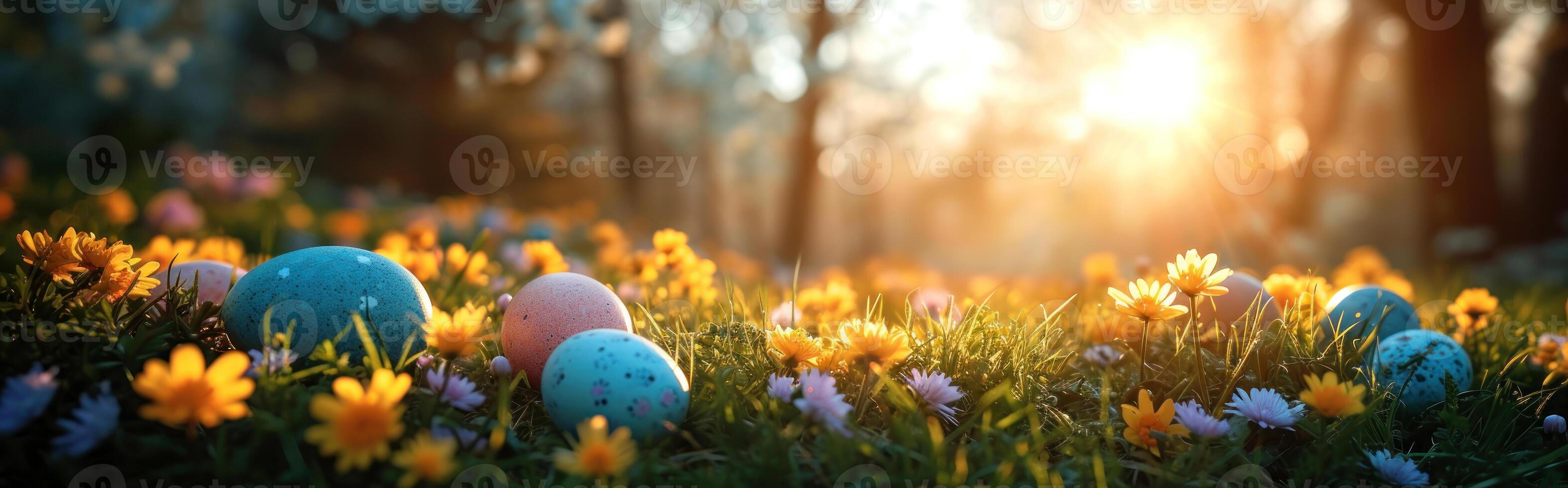 AI generated Colourful easter eggs in the green grass illuminated by sunlight at sunset. Easter decoration. Happy Easter banner. Generative AI photo
