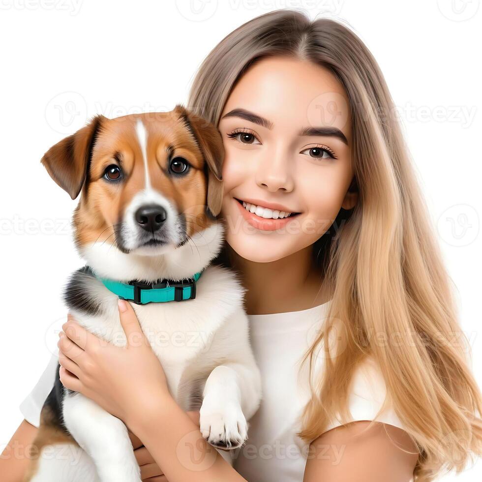 AI generated a handsome young girl with cute dog isolated on white background photo