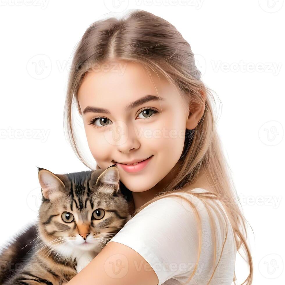 AI generated a handsome young girl with cute cat  isolated on white background photo