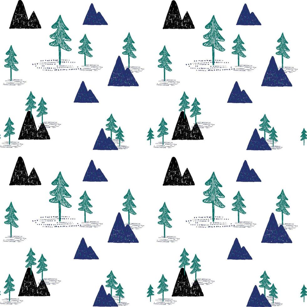 Abstract grunge seamless vector pattern with mountains and forests. Hand-drawn print for textiles, sportswear, wrapping paper and more