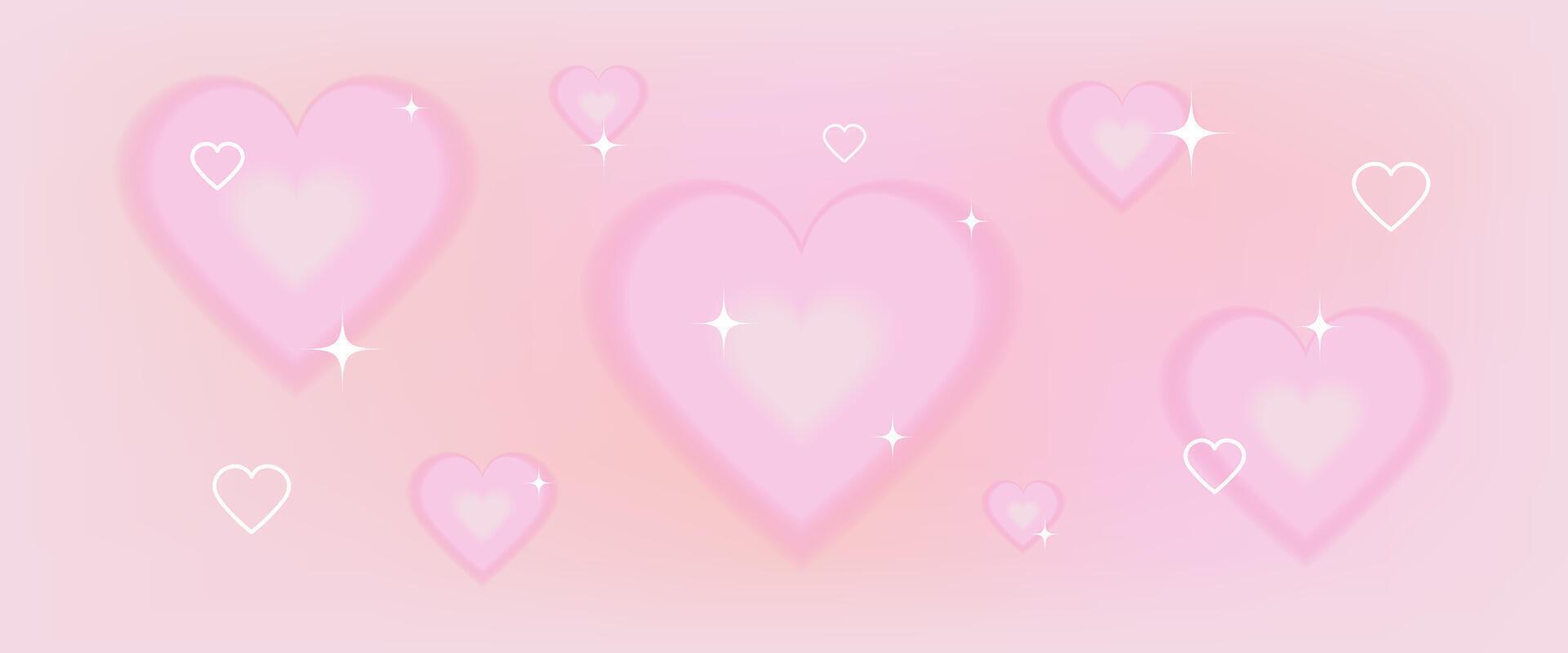 Year 2000 gradient background template with cute pink hearts. Fashionable 3D Valentines Day design in y2k aesthetics. Pale pink yellow colors. Vector illustration.