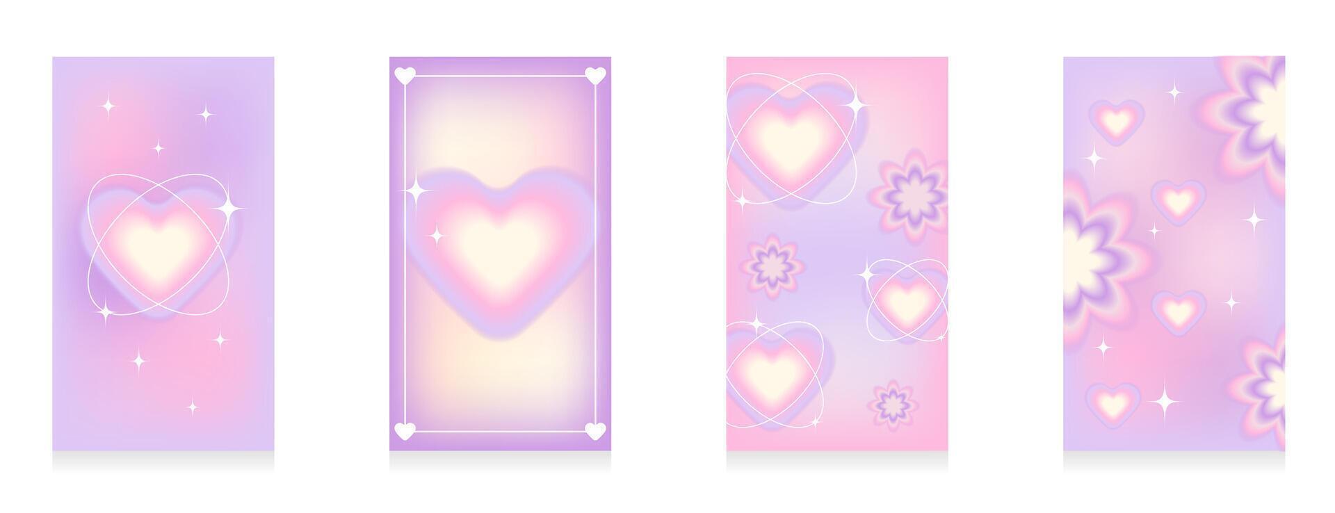 A set of gradient social media story templates in the style of the 90s,2000s. Trendy glamor aesthetic y2k with hearts. Pastel pink, beige, purple, lilac colors. Vector illustration.