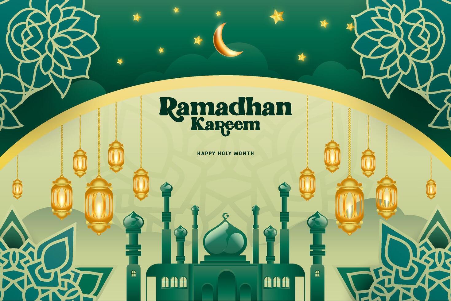Elegant glamour background and poster Ramadan Kareem with gradient style and realistic icon vector