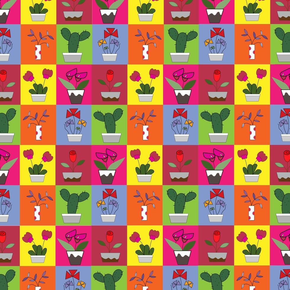 Illustration set of flowers in pots, seamless pattern. vector