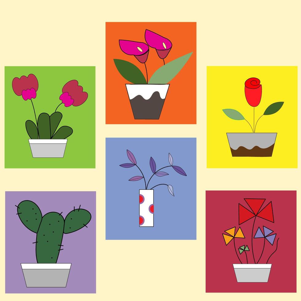 Drawing of flowers and trees in pots vector