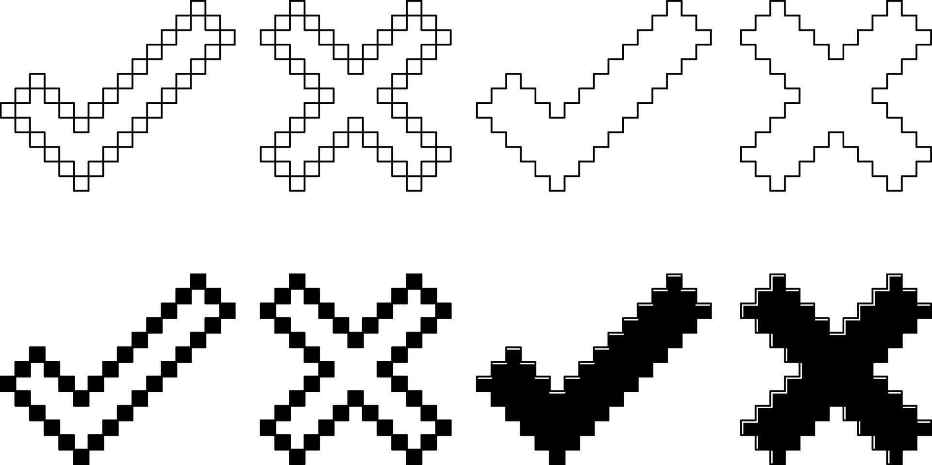 negro blanco píxel cheque marca cruzar icono conjunto vector