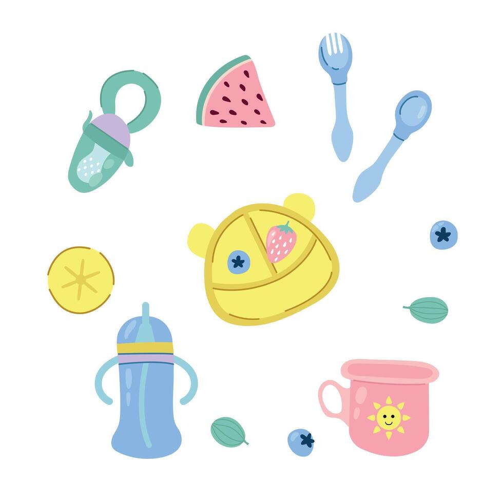 A set of children's cutlery items. White background, isolate. vector
