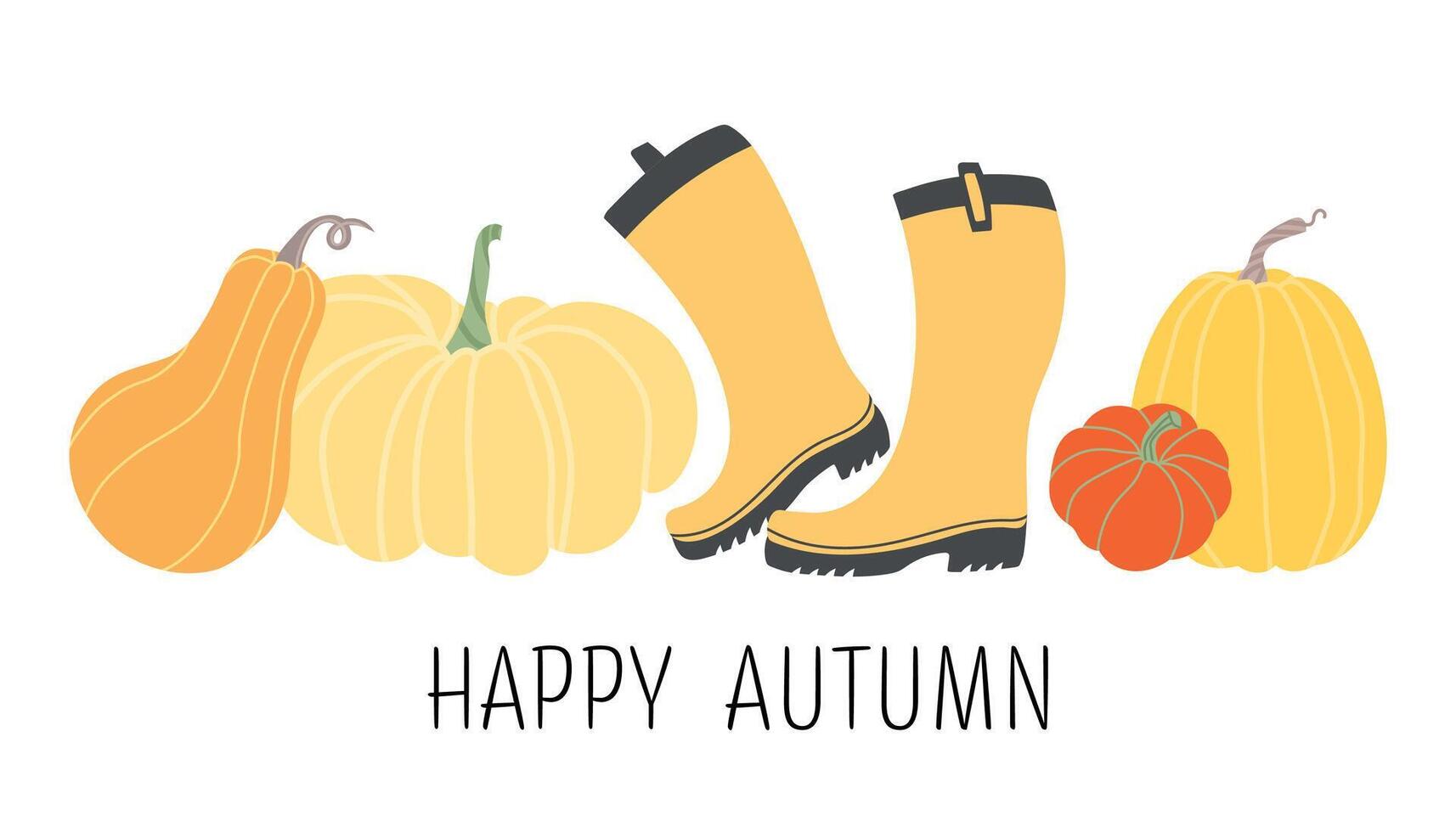 Happy autumn card. Cute hand drawn pumpkins and rubber boots on white background. Horizontal autumn banner in flat style. Vector harvest, autumn design for poster, banner, badge, label, print, card.