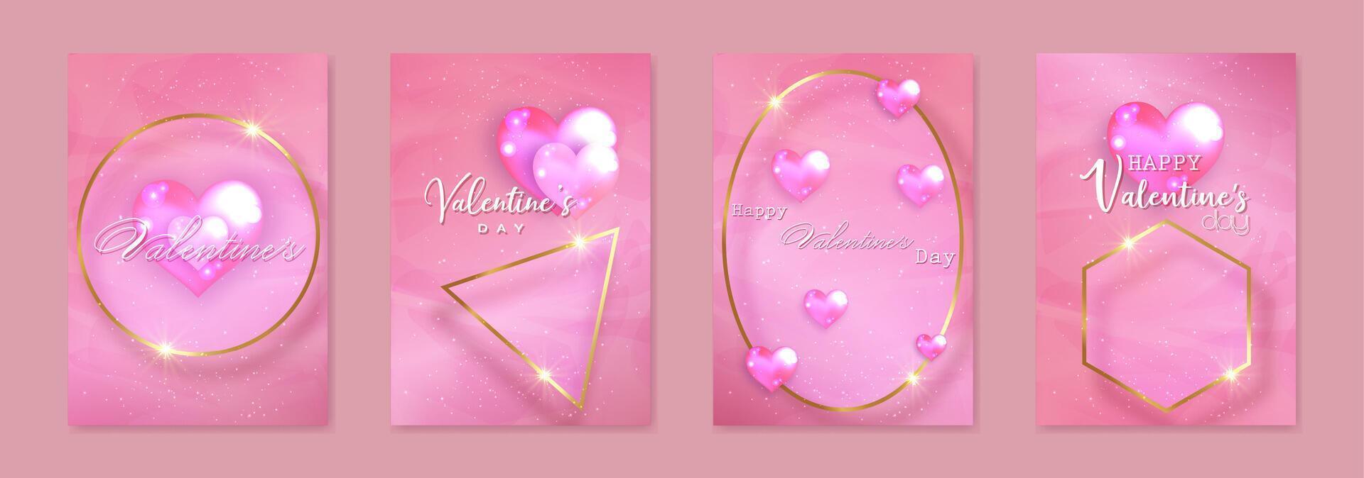 Happy Valentines day set card. 3D glossy pink glass hearts on luxury glittering paper background. Holiday poster with gold geometric frames, jewels. Concept for banner, flyer, party invitation, gift vector