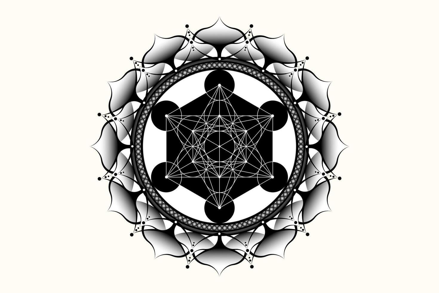 Sacred mandala of Metatrons Cube, Mystical Flower of Life. Sacred geometry, graphic element Vector isolated Illustration. Mystic lotus icon platonic solids, geometric drawing, typical crop circles