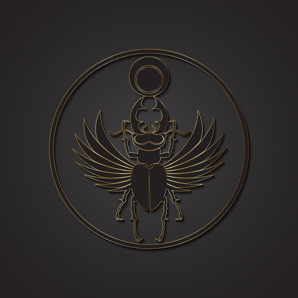 Egyptian sacred scarab stag beetle horns with wings. Black logo, gold silhouette. Vector insect isolated on a black background. Symbol of the ancient Egyptians of the god of the sun in circle shape