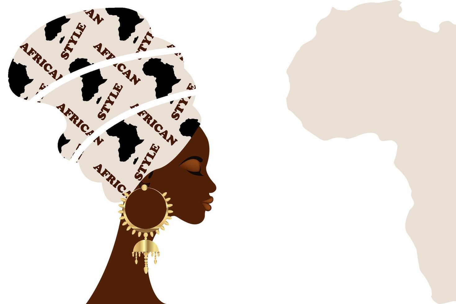 Banner of African woman in ethnic tribal turban African and the map of Africa. Vector silhouette of traditional black women with gold earring, isolated on white background, copy space for your text