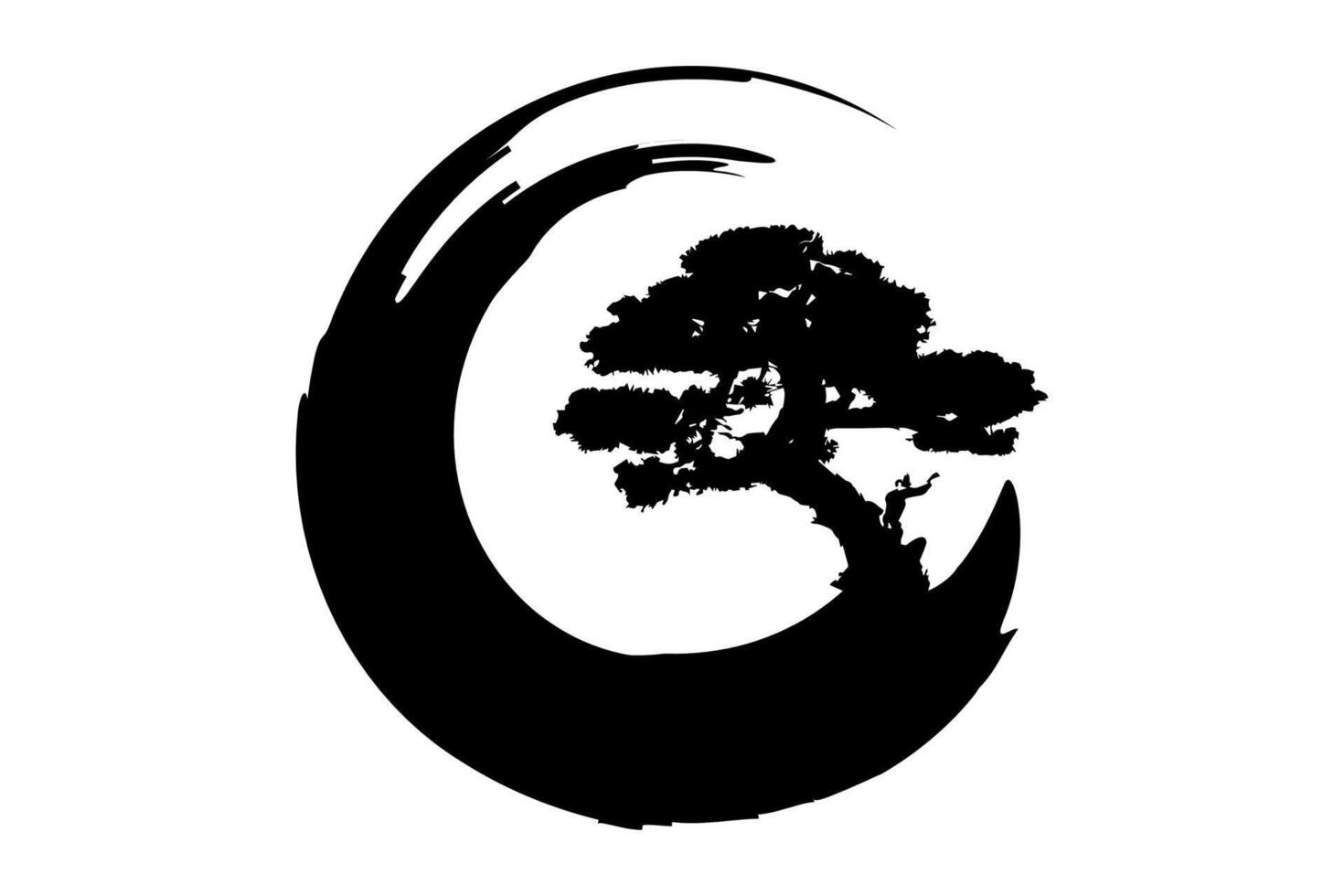 Enso Zen Circle and Bonsai Tree, hand-drawn with black ink in traditional Japanese style sumi-e, Vector logo design in Paint Brush art style, isolated on white background