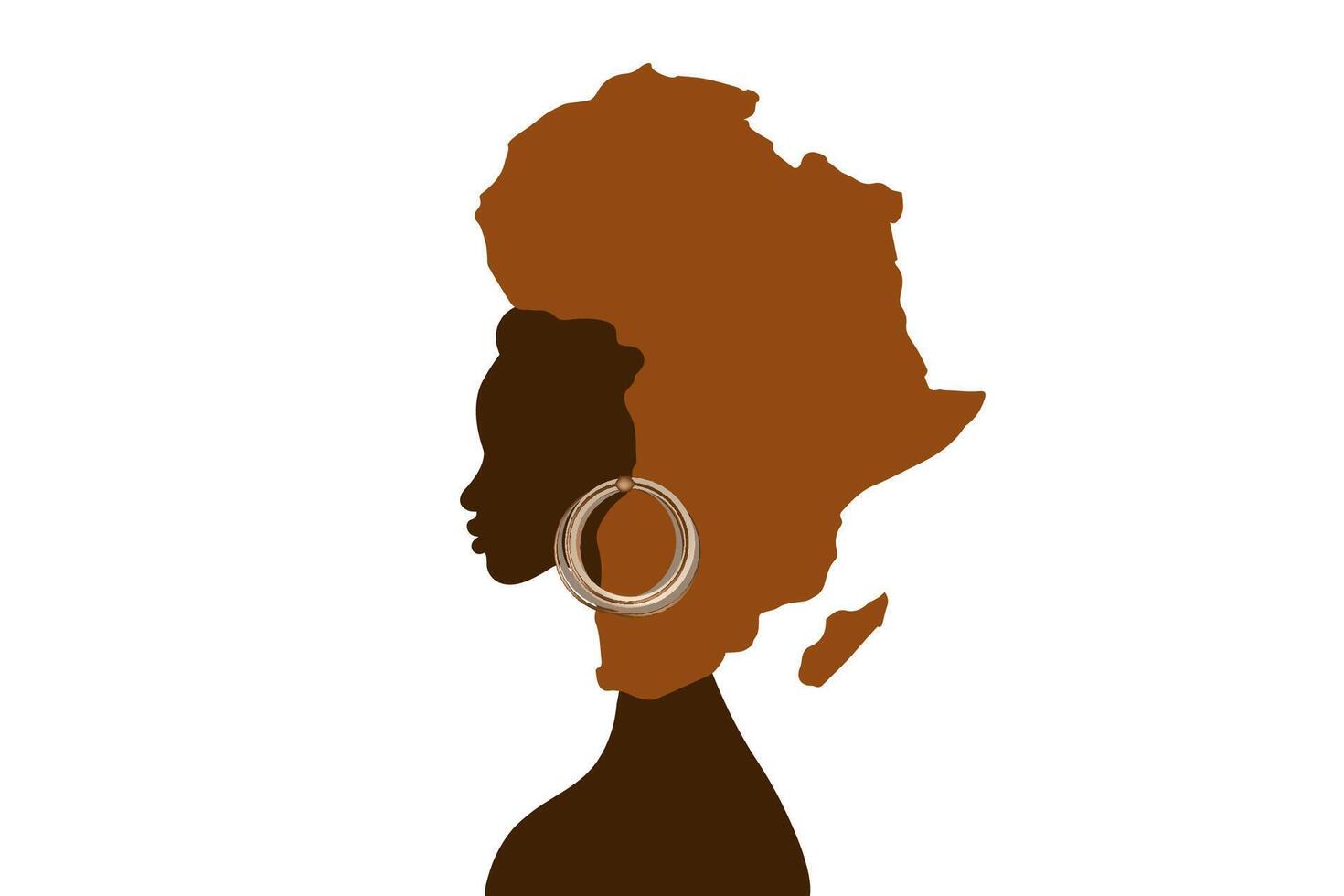 Concept of African woman, face profile silhouette with turban in the shape of a map of Africa. Afro tribal logo design template Vector illustration isolated on white background