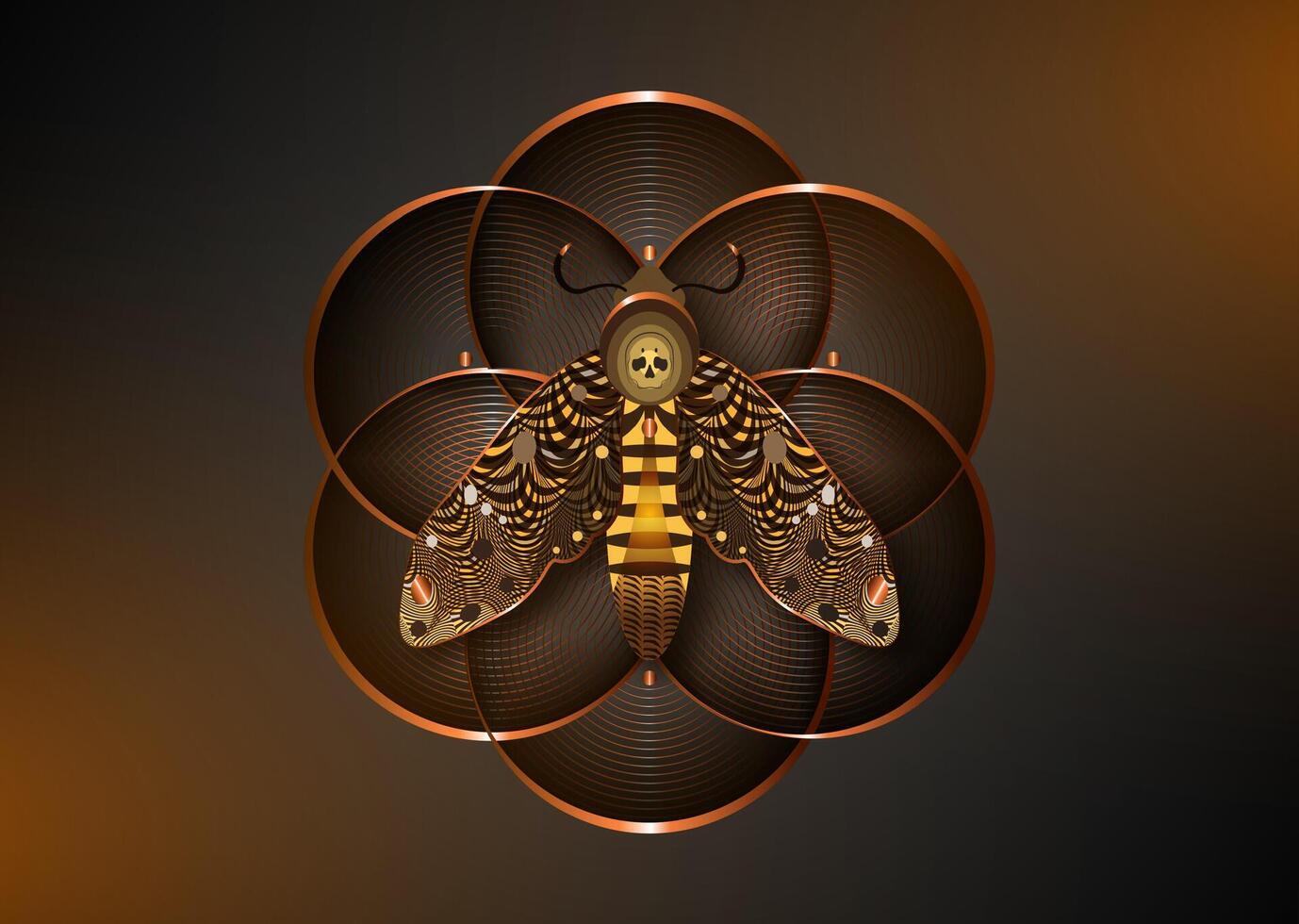 esotérico flor de vida en el fallecidos cabeza polilla, bronce logo diseño. semilla de vida símbolo de sagrado geometría. geométrico místico mandala en alquimia noche mariposa insecto con un cráneo. oscuro antecedentes vector