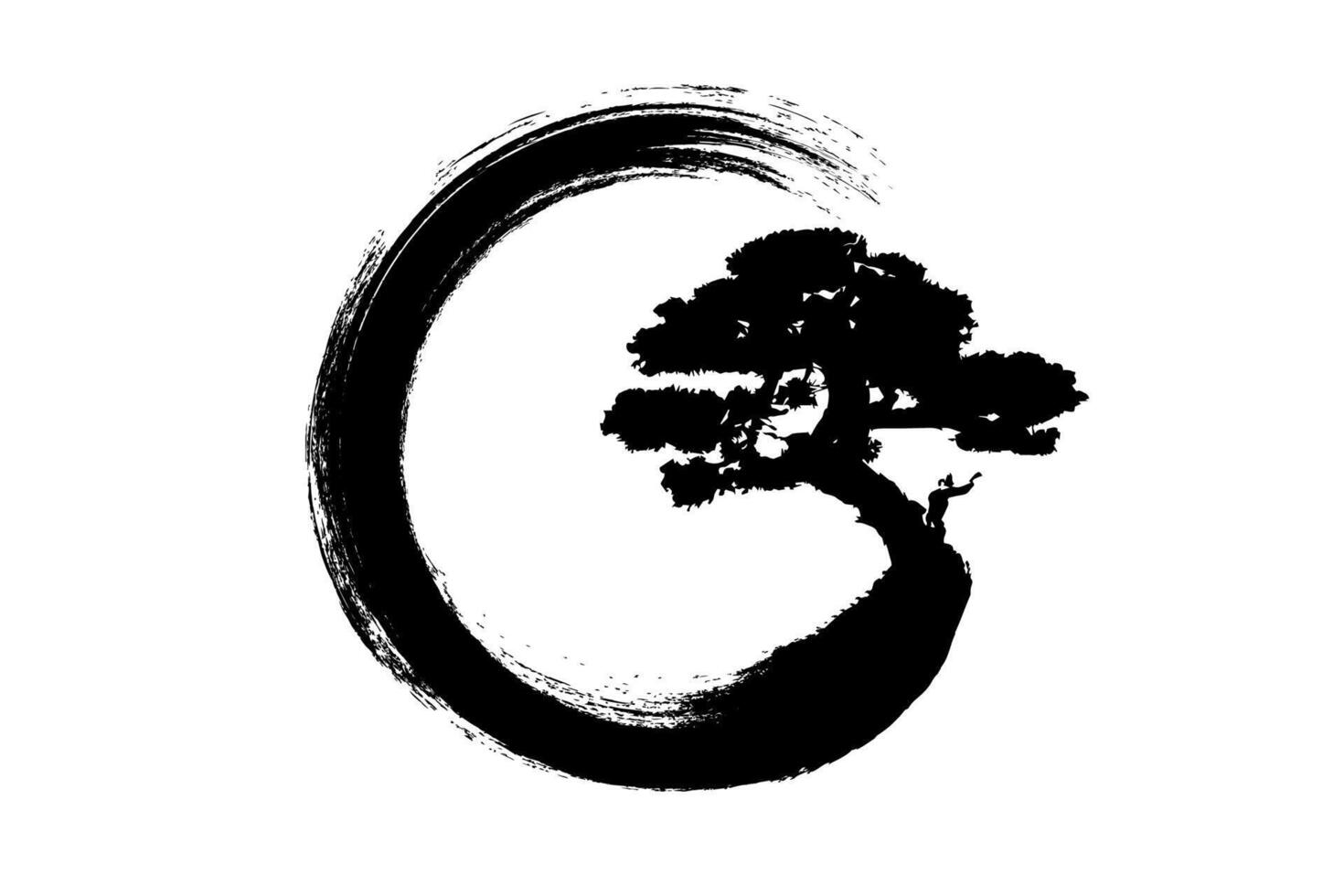 Enso Zen Circle and Bonsai Tree, hand-drawn with black ink in traditional Japanese style sumi-e, Vector logo design in Paint Brush art style, isolated on white background