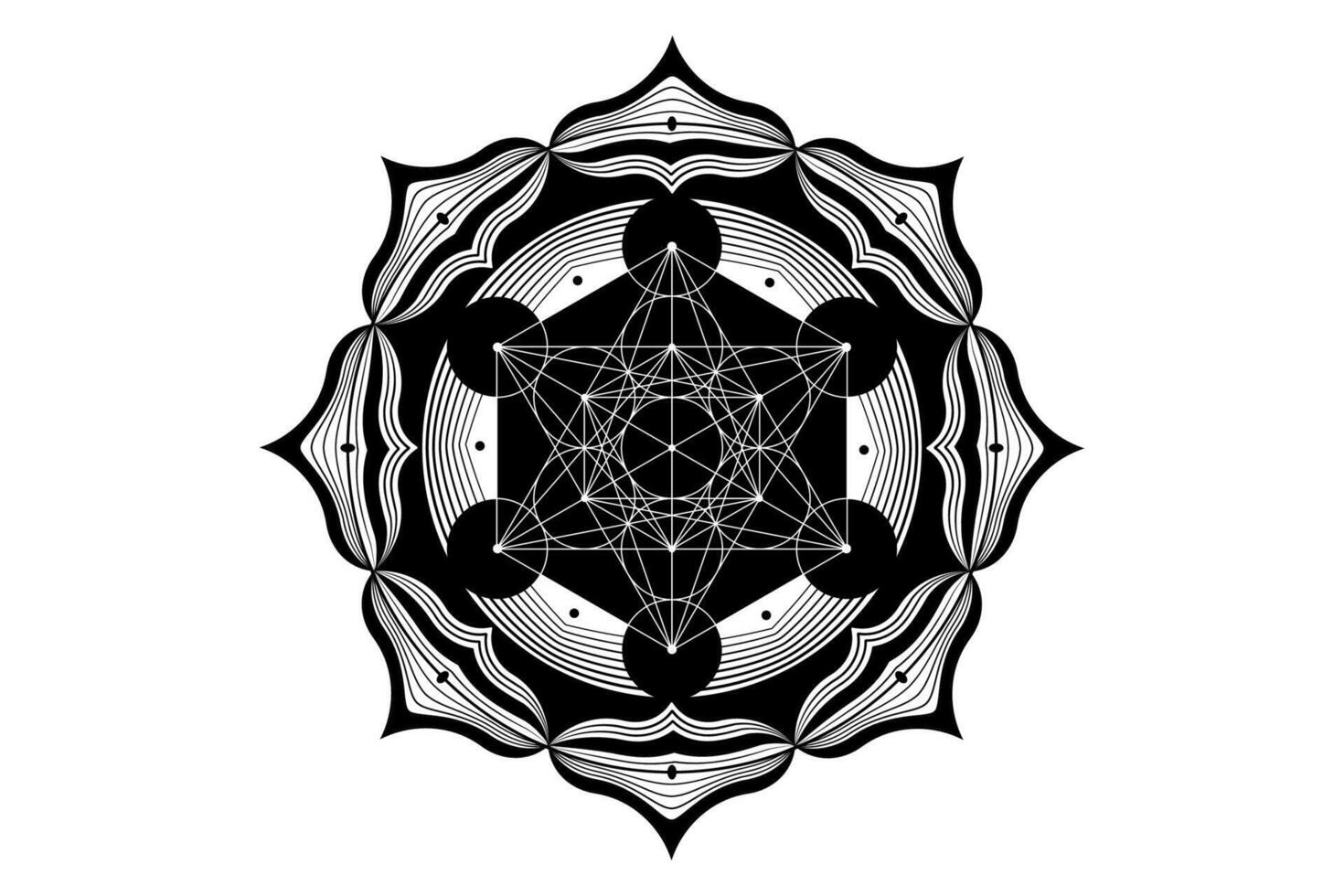 Sacred mandala of Metatrons Cube, Mystical Flower of Life. Sacred geometry, graphic element Vector isolated Illustration. Mystic icon platonic solids, abstract geometric drawing, typical crop circles