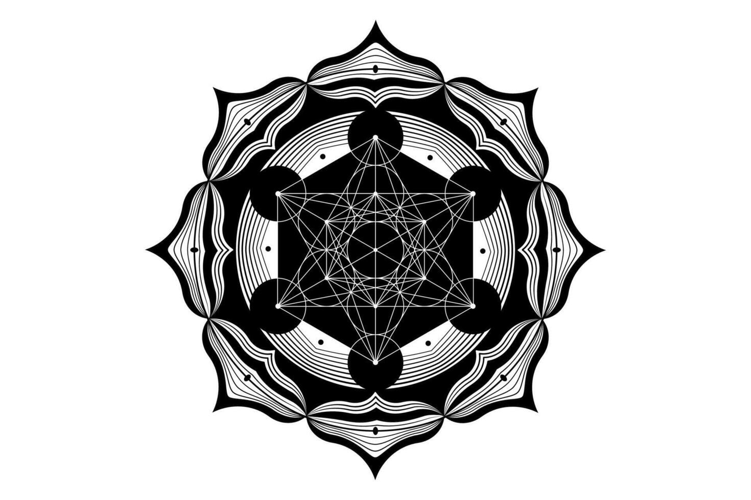 Sacred mandala of Metatrons Cube, Mystical Flower of Life. Sacred geometry, graphic element Vector isolated Illustration. Mystic icon platonic solids, abstract geometric drawing, typical crop circles