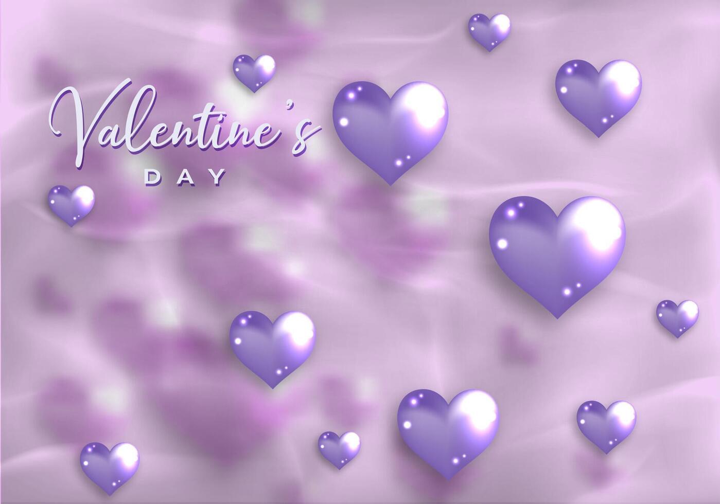 Happy Valentines day elegant card. 3D glossy purple glass hearts on old rose paper background. Fashion Holiday poster, jewels. Concept for Valentines banner, flyer, party invitation, jewelry gift shop vector