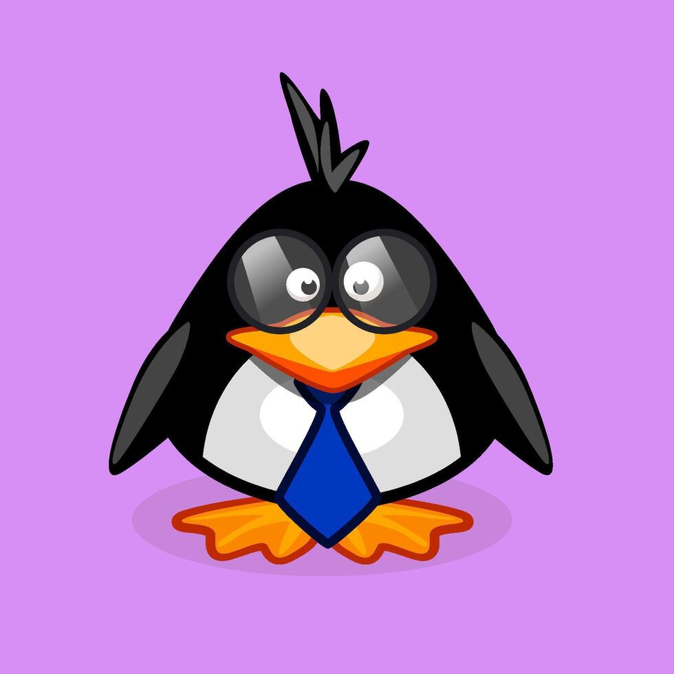 Cartoon penguin boy with glasses and with a tie. Vector illustration