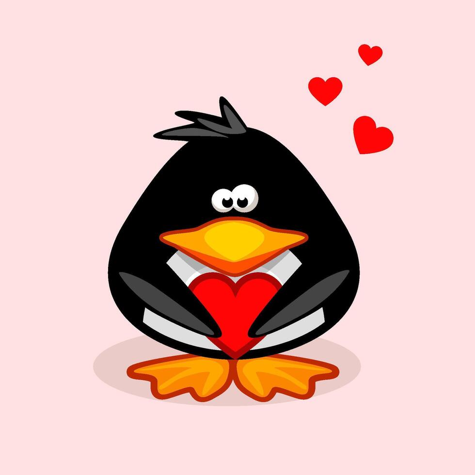 linda pingüino abrazo rojo corazón. enamorado animal personaje ilustración. frío invierno símbolo. antártico pájaro. vector