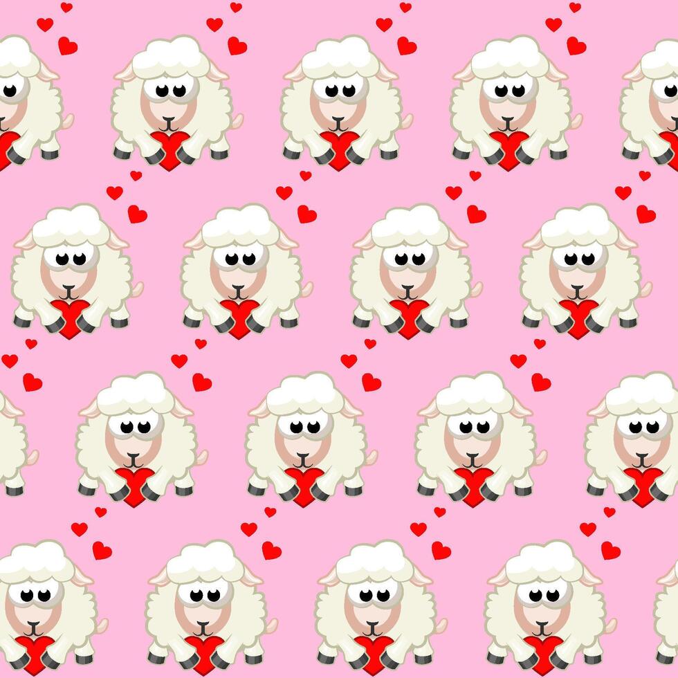 seamless pattern with cartoon sheep Holding Hearts on pink background. Valentine Day. vector