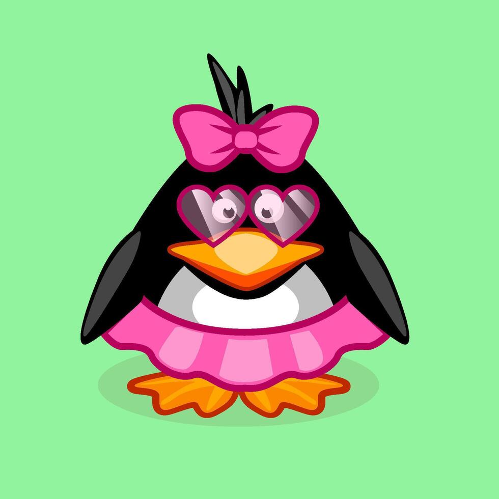 Cute cartoon penguin girl wearing pink hair bow, glasses and skirt. vector