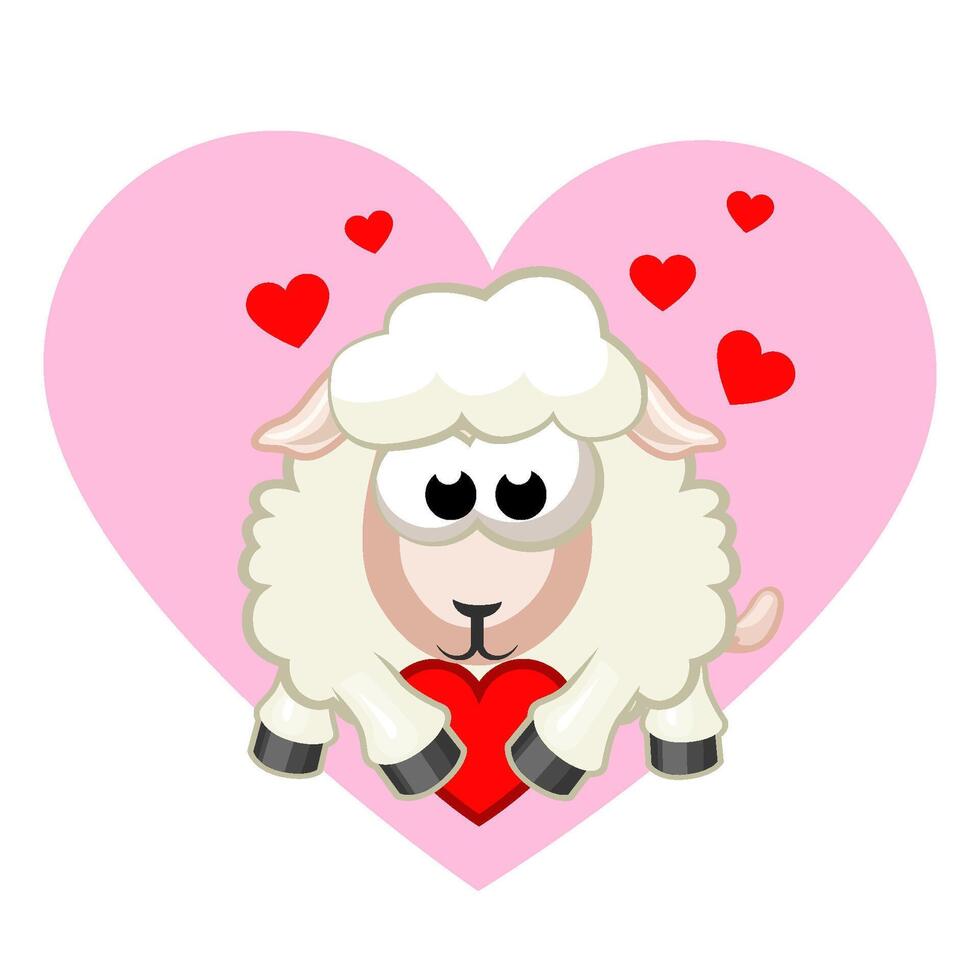 Cartoon Sheep Holding Heart. Greeting card for Valentine.Day. vector