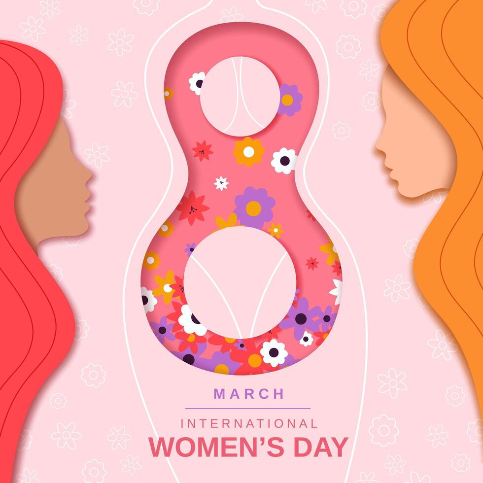March 8 is International Women's Day. Greeting card, poster. Vector illustration.