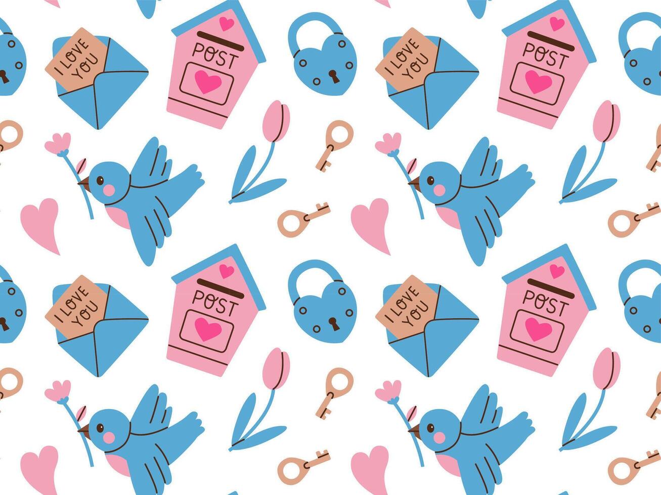 Valentine's day vector hand drawn seamless pattern. Cartoon style padlock, letter box, bird. Flat vector illustration on white background.