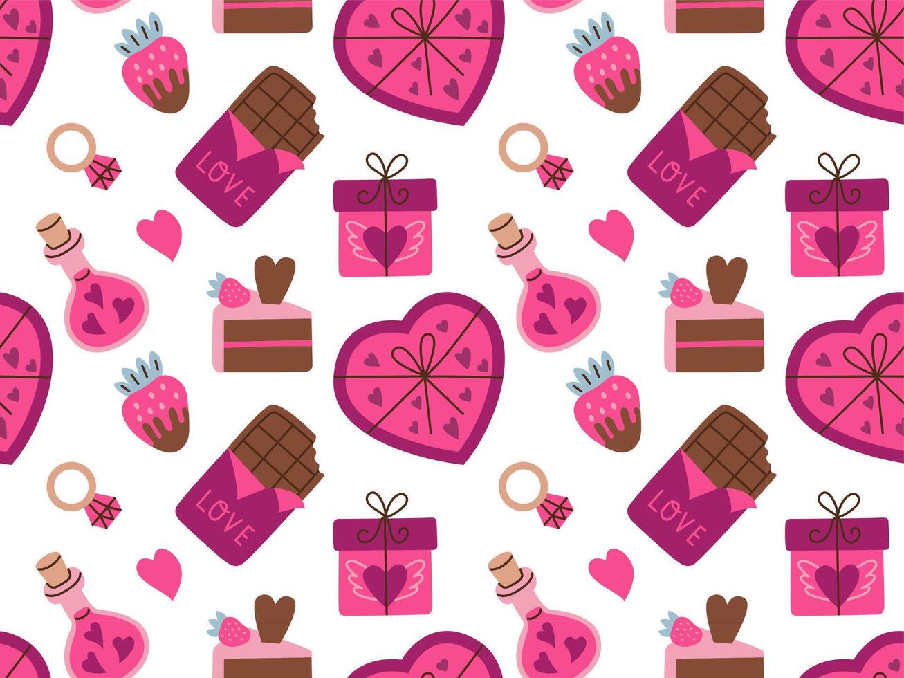 Valentine's day vector hand drawn seamless pattern. Cartoon style heart, chocolate, sweets. Flat vector illustration on white background.