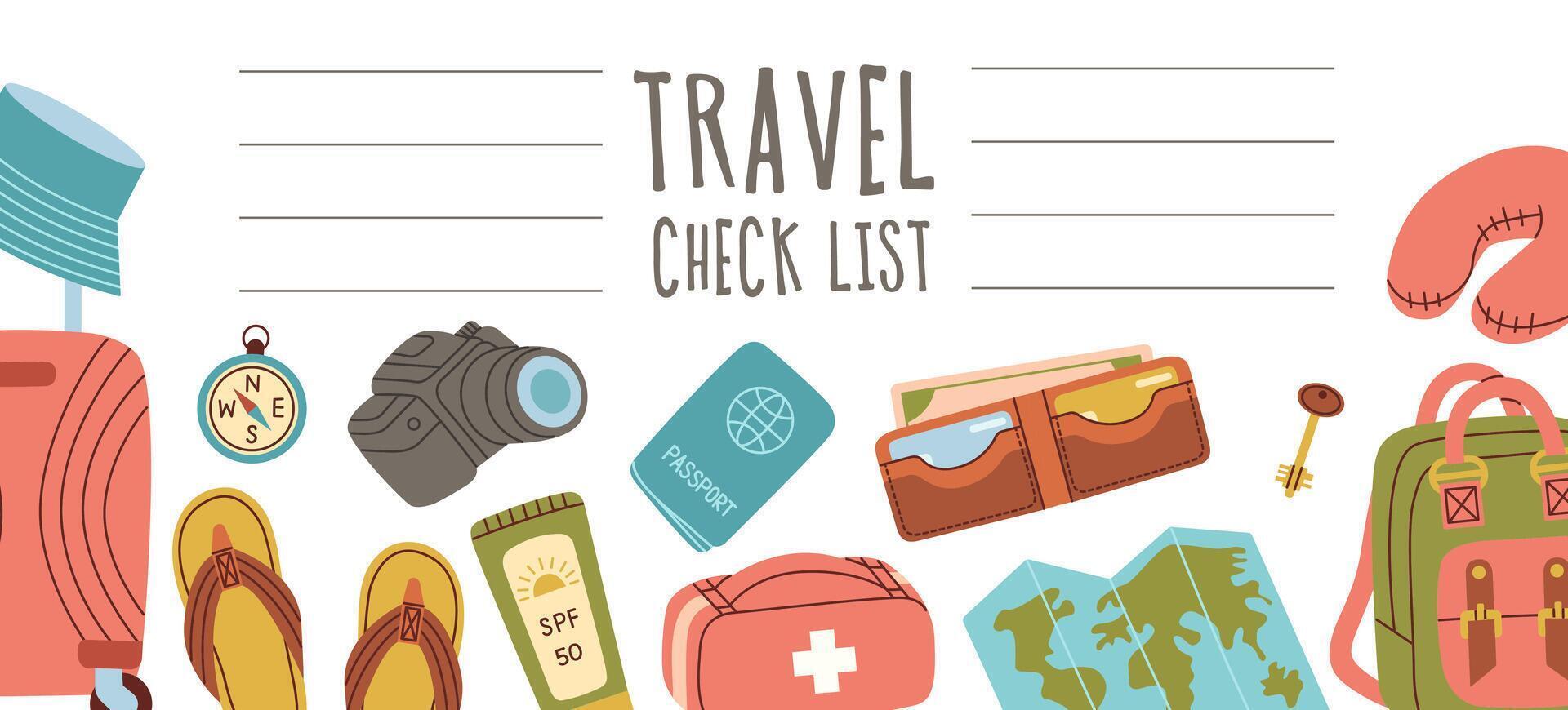 Travel planning, image of notebook, list of things for road, vacation, trip. Flat vector illustration on white background.